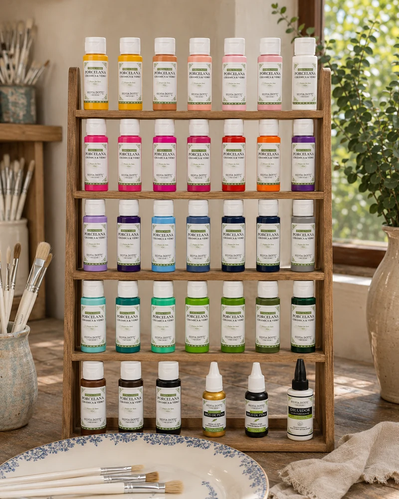 Coleção de tintas Silvia Dotti Fine Colors em uma estante, com pincéis e uma peça decorada.