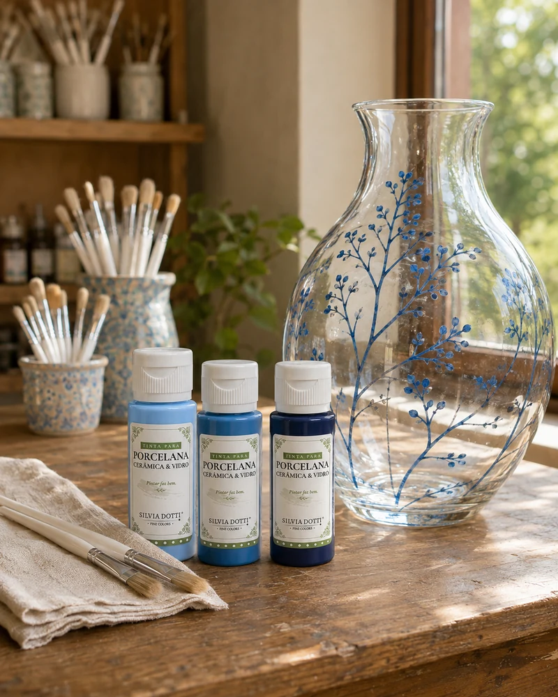 Tintas azuis e pincéis ao lado de um vaso de vidro com flores pintadas em azul.