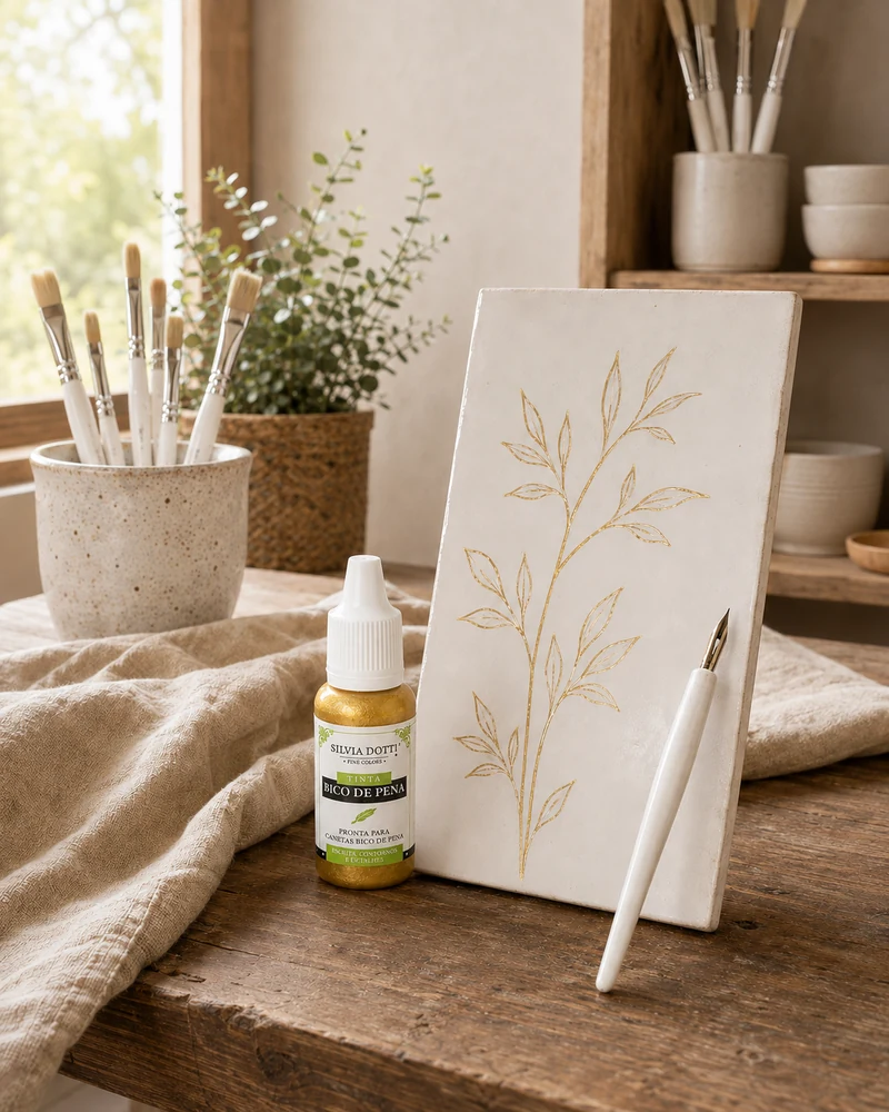 Frasco de Fine Line dourado ao lado de uma composição de folhas desenhadas em dourado.