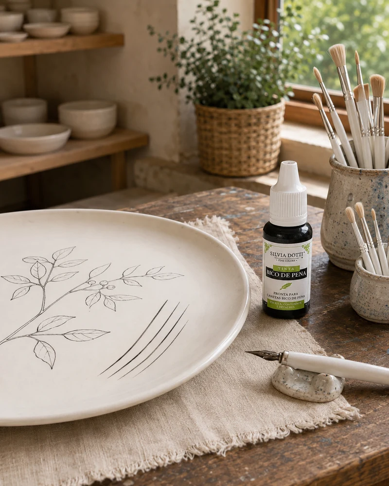 Frasco de Fine Line preto junto a um prato com desenho delicado de flores em preto.