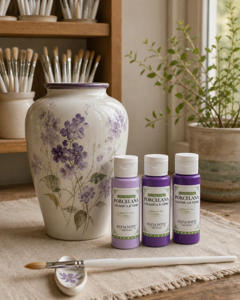 Tintas violetas Fine Colors ao lado de um vaso decorado com flores em tons de roxo.