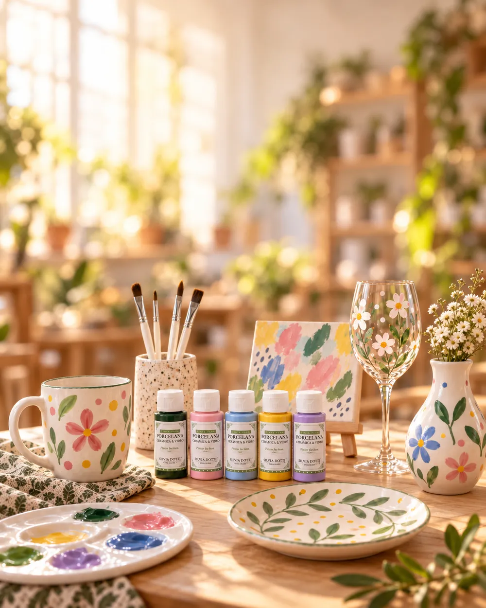 Caneca, vaso e prato pintados com flores ao lado das tintas Silvia Dotti.