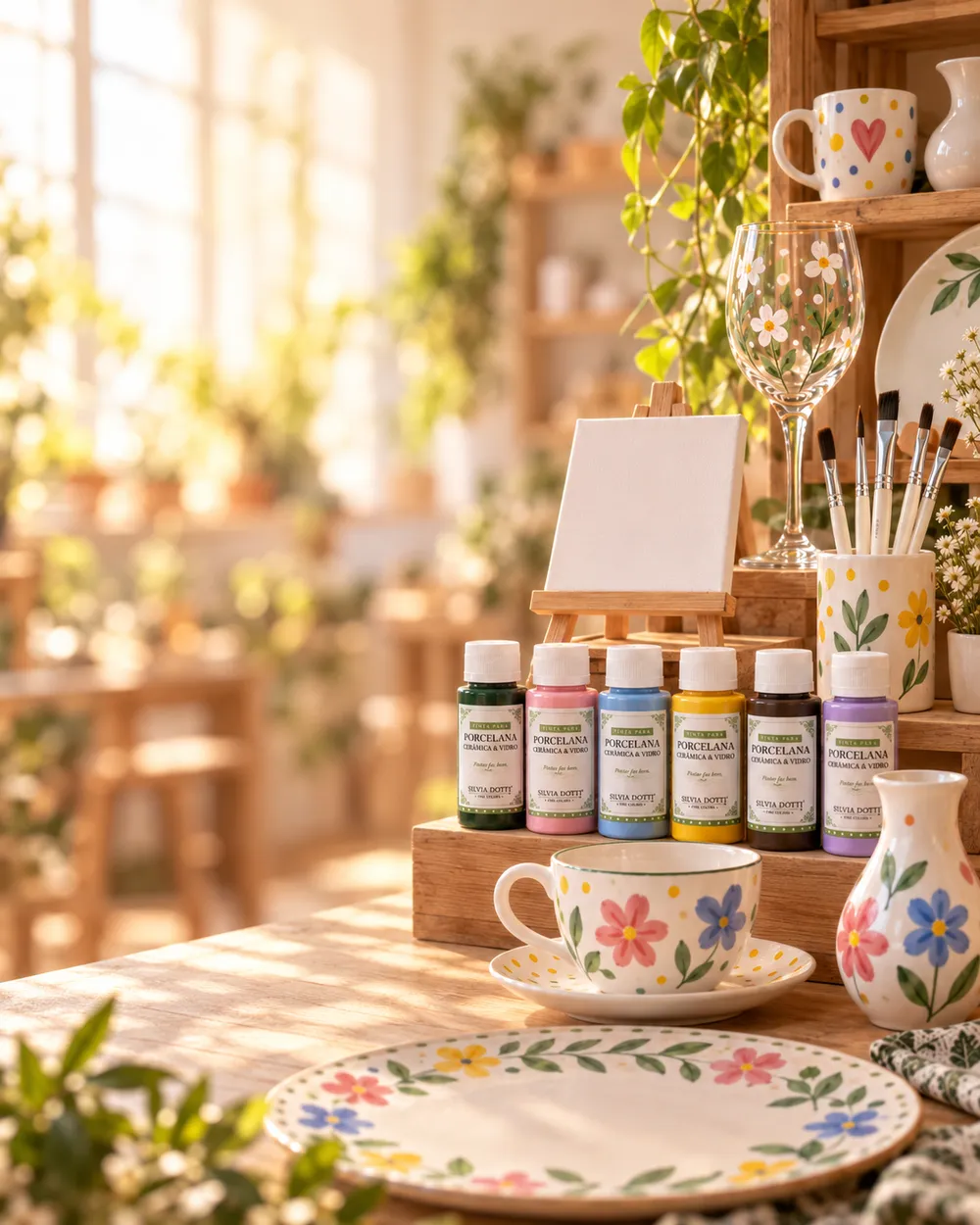 Peças de porcelana pintadas e uma pequena tela sobre a bancada do Atelier.