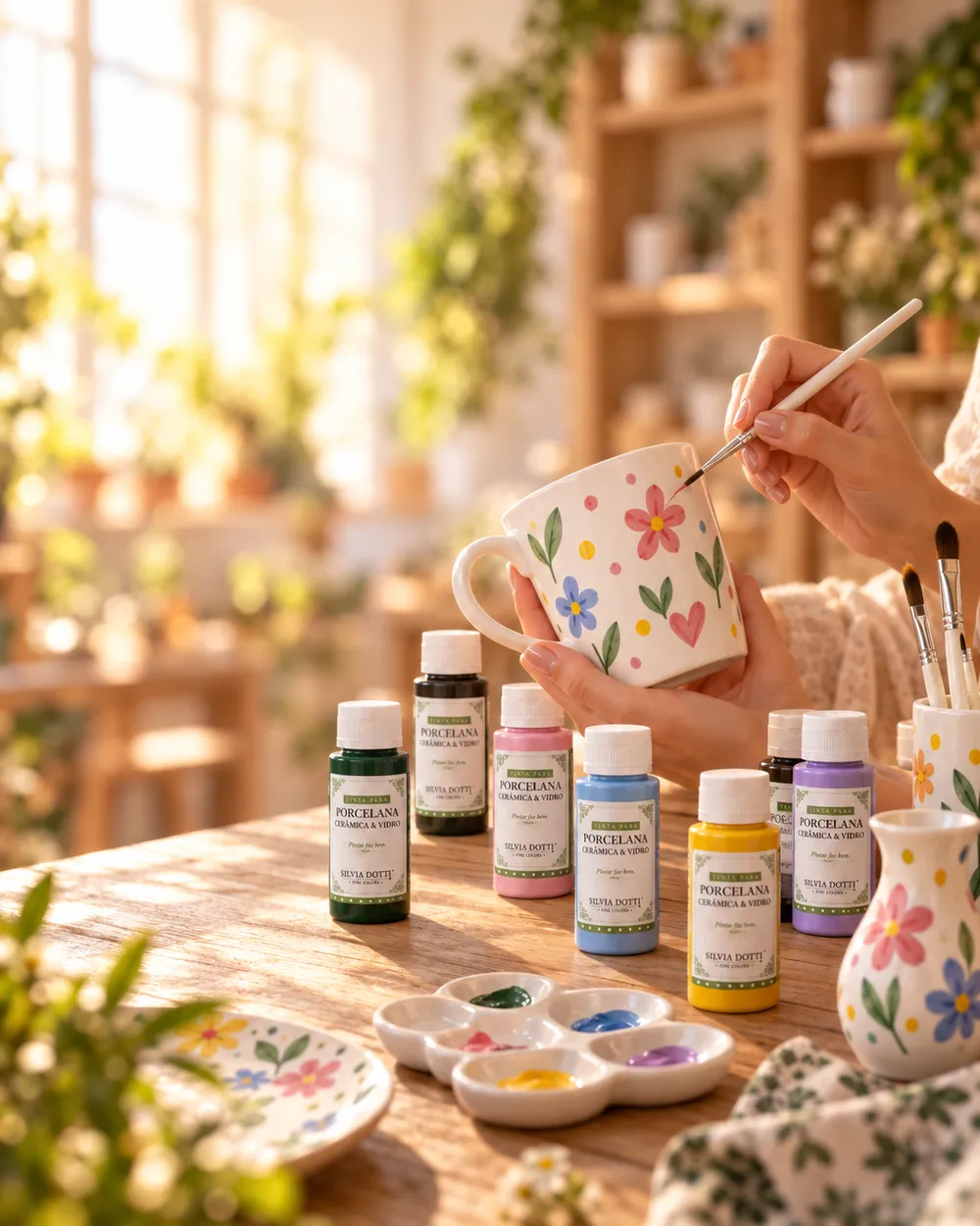 Aluna pintando flores coloridas em uma caneca.